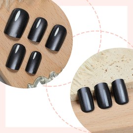 Black Press on Nails - Cat Eye Fake Nails | Short Square Acrylic Nails with Jelly Glue,Glitter False Nails with Magnetic Effect | Stick on Nail for Women Girls | 12 Size-24Pcs