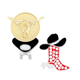 NAVIKA Red Cowgirl Boot Golf Ball Marker with Austrian Crystals and Gold Longhorn Ball Marker with ONE Magnetic Hat Clip | Western Themed Golfing Accessory | Gift for Golfers