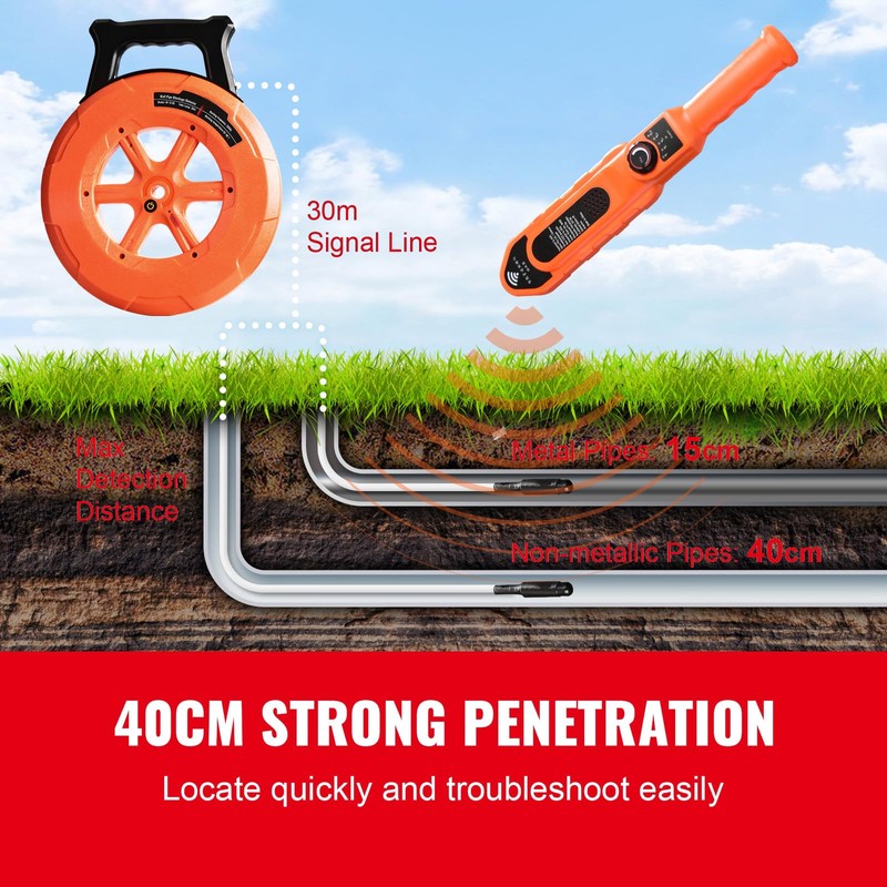 Happybuy Pipe Blockage Detector, 100ft/30m Waterproof Locator, for PVC, Plastic,