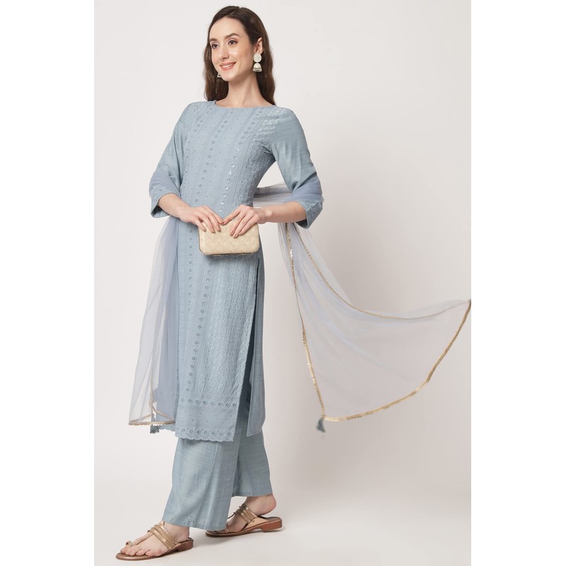 Shopping Queen Chikankari Kurta Palazzo Dupatta - Juego de seda