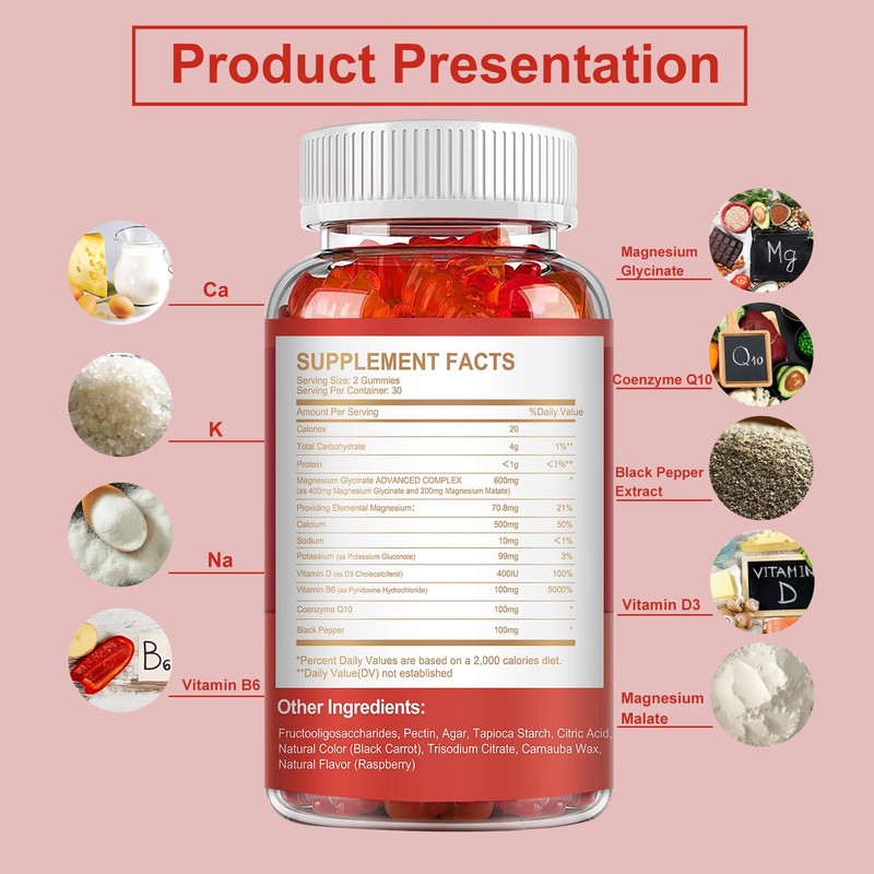 Magnesium Gummies 600mg per Serving-Magnesium Glycinate 400mg and Magnesium Malate