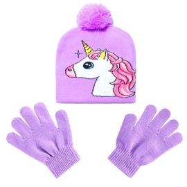 D.O.T Girls Unicorn Winter Hat and Mitten Or Gloves Set for Kids Cold Weather Accessories Age 3-12 (Purple)