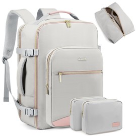 LOVEVOOK Travel Backpack for Women Men as Personal Item Flight Approved, 40L Luggage Carry On Backpack,17.3inch Large Laptop Backpack Waterproof Outdoor Sports with 3 Packing Cubes,Light gray-Pink