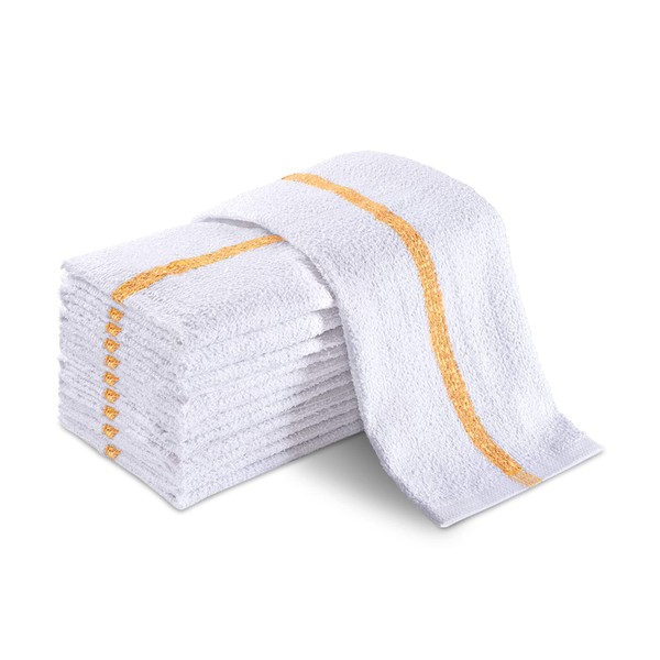 Groko Textiles Universal Cleaning Towels, Gold Striped-White Bulk 36 Pack, 16” X 19” 100% Cotton Fully Bordered Commercial Grade Terry Weave Cloth Bar Mops for Everyday Restaurant or Home Use