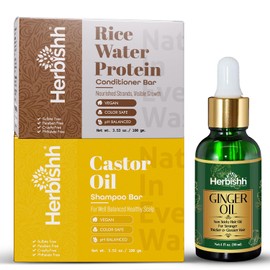 Herbishh Hair Growth Boost Set – Castor Oil Shampoo Bar + Rice Water Conditioner Bar + Ginger Oil 30ml – For Thinning, Weak & Flat Hair – Nourish, Strengthen & Energize Roots – Vegan & Sulfate-Free