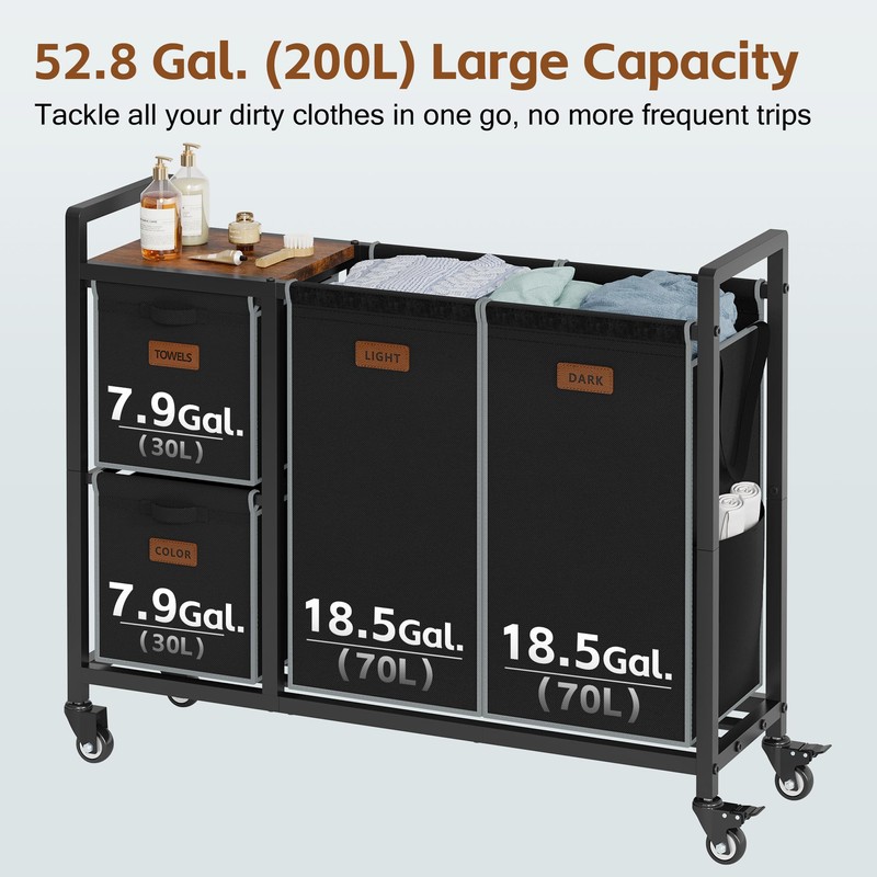 Hoctieon 4 Section Laundry Cart, 52.8 Gal. (200L) Laundry Hamper