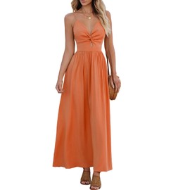 CUPSHE Women's Maxi Dresses V Neck Sleeveless Self Tie Back Twisted Pleated Casual Summer Dress Orange, XS