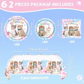 Cat Birthday Party Supplies,62pcs Cat Party Decorations&Tableware Set-Kitten Birthday Party Decorations Dinner Plates Dessert Plates Napkins Tablecloth etc Cat Themed Birthday Party Supplies