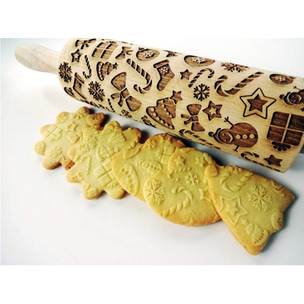 CHRISTMAS GIFTS EMBOSSING ROLLING PIN laser engraved with Christmas symbols