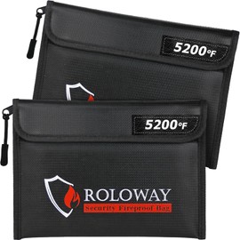 ROLOWAY Bolsa ignífuga (9.6 x 6.6 pulgadas) con aislamiento térmico de 5200 ℉, bolsa de dinero ignífuga con cremallera para dinero en efectivo (paquete de 2 negro)