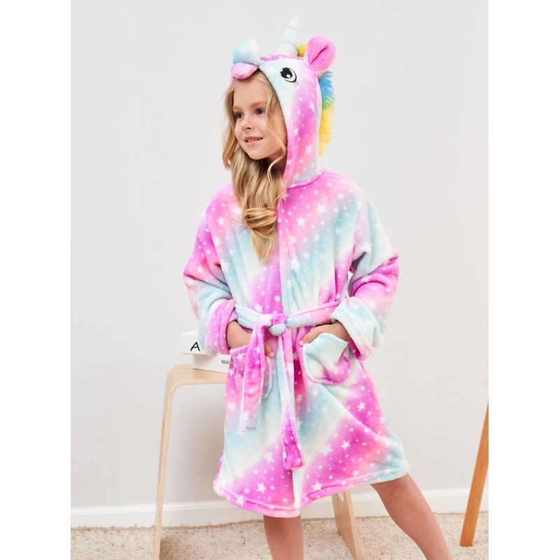Girls Unicorn Hooded Robe with Matching Slippers, Headband, Blindfold Pink