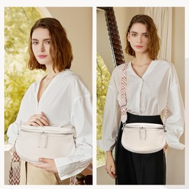 JinDouer Kleine Moderne Umhängetasche Damen mit 3 Fächern, Bauchtasche Echt Leder mit Elegante Breitem Gurt, Crossbody Bag Klein, Münzbörsen für Senden (Weiß)