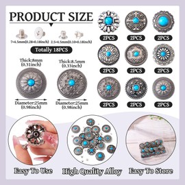 PandaHall 18 Sets Screw Lock Button Turquoise Leather Rivets Buckle Decorative Rivets for Purse Handbag Shoes Leather Craft Clothing Belt