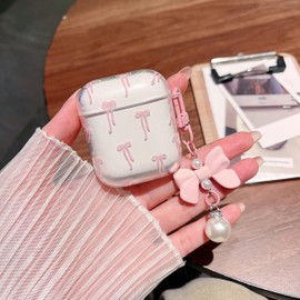 MINSCOSE Compatible with AirPods 1&2 Clear Case,Cute Ribbon Bow Aesthetic Design with Bow Pearl Keychain, Soft TPU Protective Shockproof Cover for AirPods 1&2 for Women Girls-Pink