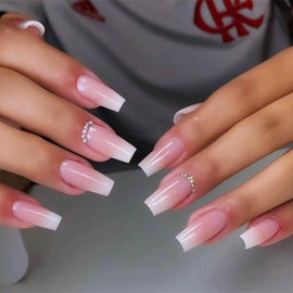 Pink Gradient Press on Nails with Rhinestones Design, Glossy Pink Ombre Medium Square False Nails Gel Glue on Nails Simple Crystal Manicure Art Acrylic Fake Nails Stick on Nails for Women Girls 24Pcs