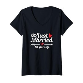 Womens Just Married 18 Years Ago Funny Couple Wedding Anniversary V-Neck T-Shirt