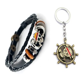 Gaweco 2pcs Pirates Straw Hat Luffy Bracelet + Keychain with Rotatable Cosplay Exquisite Wristband Accessories