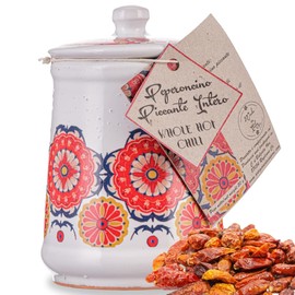 Dried Whole Hot Chili Peppers in Italian Ceramic Jar, Calabrian Diavoletti Rossi, Small Dried Spicy Hot Chili Peppers, Herbs, Spice & Seasoning Gifts, Spice Jars with Spices included, Artigiani dei Sapori, Product of Italy