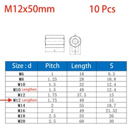 M12 X 1.75 x 50mm Long Rod Metric Hex Coupling Nut, Zinc Plated 10 Pcs