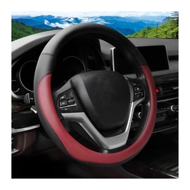 FALVFUN Car Steering Wheel Cover, 14.5"-15" Leather Anti-Slip Sporty Vehicle Steering Wheel Protector, Soft Breathable Auto Interior Decoration Accessories, Universal for SUV Truck Sedan (Wine Red)