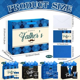Kolldenn 4 Pcs 13" Father's Day Gift Bags with Tissue Paper & Greeting Cards Happy Father's Day Paper Gifts Bag with Handles Black and Blue Party Favors Bulk for Grandpa Men Dad Uncle, 4 Styles