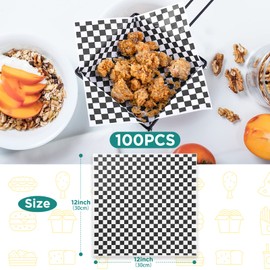 GeeRic Waxed Deli Paper Sheets 12 * 12 Inch, 100 Pcs Food Basket Liners for Sandwiches, Burgers, Checkered Deli Wrap Wax Paper Sheets Black