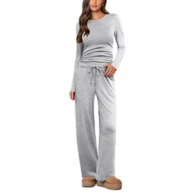 Ekouaer Women's 2 Piece Lounge Sets Pajama Set Long Sleeve Ruched Waist Top and Wide Leg Tracksuits Fall Outfits with Pockets White Grey