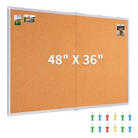 Large Cork Bulletin Board 48 x 36 in, Maxtek Cork Board for Wall, Silver Aluminum Framed Pin Board, Foldable Memo Board, Wall Mounted Bulletin Board for Office, School & Home with 12 Push Pins