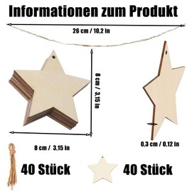 Wooden Stars, Pack of 40 Wooden Decorative Hanging Stars, DIY Crafts, Wooden Stars, Christmas, Star Tree Ornament, for Christmas Tree Pendants, Wedding, DIY Tree Decoration