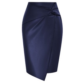 Kate Kasin Women Faux Leather Pencil Skirt Wrap Knot Knee Length Pencil Skirt Business Bodycon Skirt Dark Blue-Leather L