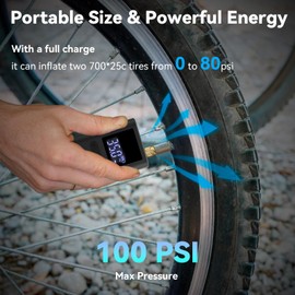 Mini Electric Bike Pump, 100 PSI Cordless Portable Bicycle Pump with Pressure Gauge for E-Bike, Mountain Bike, City Bike, Road Bike with Presta & Schrader Valve