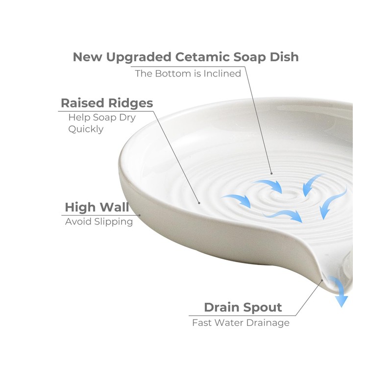 Self Draining Soap Dish, Ceramic Drain Soap Holder Waterfall Design