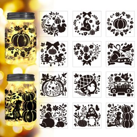 Peacoblue Autumn Elements Silhouette Cutouts for Jars, Mason Can, Glass, Wishing Bottle Decor(No Stickers), 12Pcs Reusable Silhouette Lantern DIY Craft Kit Jar Decals Art Mural Home Garden Decor