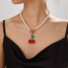 A-yeite Cute Cherry Pendant Necklaces Cherry Charms Y2K Kawaii Fruit Necklace Imitation Pearl Beaded Chain Choker for Women Christmas Birthday Party Jewelry Gifts-Style 1