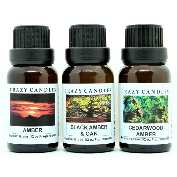 3 Bottles Set, 1 Amber, 1 Black Amber & Oak, 1 Cedarwood Amber 1/2 Fl Oz Each (15ml) Premium Grade Scented Fragrance Oils by Crazy Candles