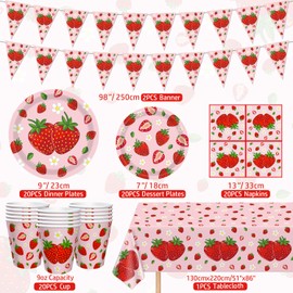 83PCS Strawberry Theme Party Supplies Strawberry Birthday Party Tableware Set Berry Sweet Birthday Decorations Sweet Fruit Theme Party Supply for 1st Baby Shower Serves 20 Guests