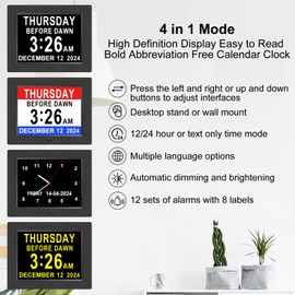 Johnziny 8 Inch Digital Day Calendar Clock, Dementia Clock for Seniors,Large Display Digital Clock with Date and Day for Elderly,12 Alarm Options and 8 Labels, with Auto-Dimming, Play Video (Black)