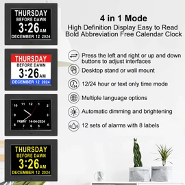 Johnziny 8 Inch Digital Day Calendar Clock, Dementia Clock for Seniors,Large Display Digital Clock with Date and Day for Elderly,12 Alarm Options and 8 Labels, with Auto-Dimming, Play Video (Black)