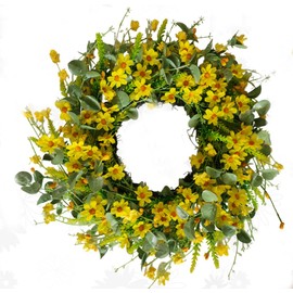 V y G Front Door Wreath with Yellow Daisies, Door Wreath with Patriotic Welcome Sign, Wreaths for Front Door with Eucalyptus Leaves, 22" Wreath, Outdoor Wreaths for Front Door