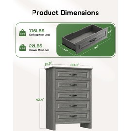 Marsail 5-Drawer Farmhouse Dresser, Solid Wood Storage Space, Sturdy Tall Chest with Smooth Glide Drawers & Anti-Slip Kit, for Bedroom or Hallway, Dark Grey