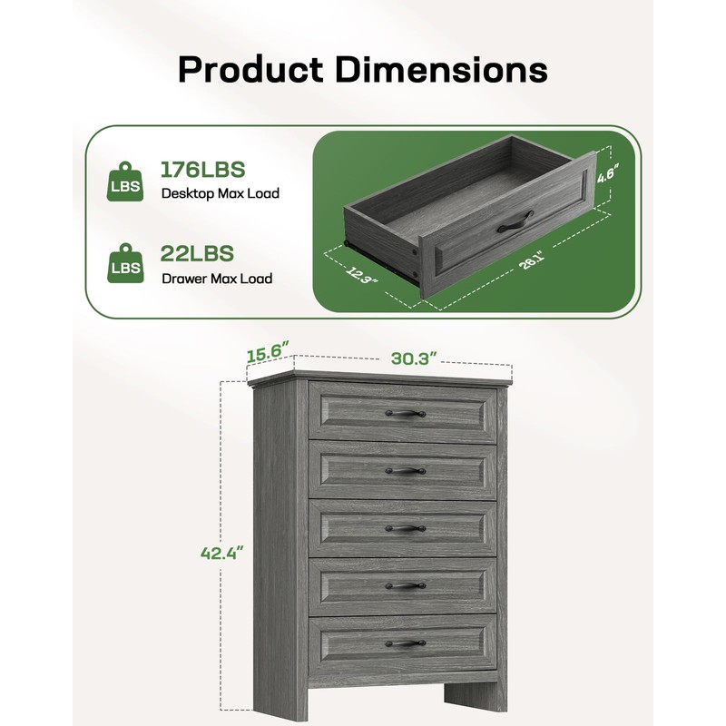 Marsail 5-Drawer Farmhouse Dresser, Solid Wood Storage Space, Sturdy Tall