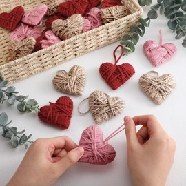 Vercraft 24 Pcs Heart Valentine Hanging Ornaments Knitted Heart Shaped Wall Baubles Valentine Gifts for Tree Craft Rustic Vintage Farmhouse Wedding Anniversary Decoration(Beige, Red, Pink)