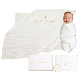 XLarge 55 x 39 100% Organic Cotton Swaddle Baby Blanket-'Child of god' with Gift Box & Gift Tag for Baptism Blanket,New mom,Christening Gift, boy or Girl, Godson, Goddaughter-Super Soft, Breathable