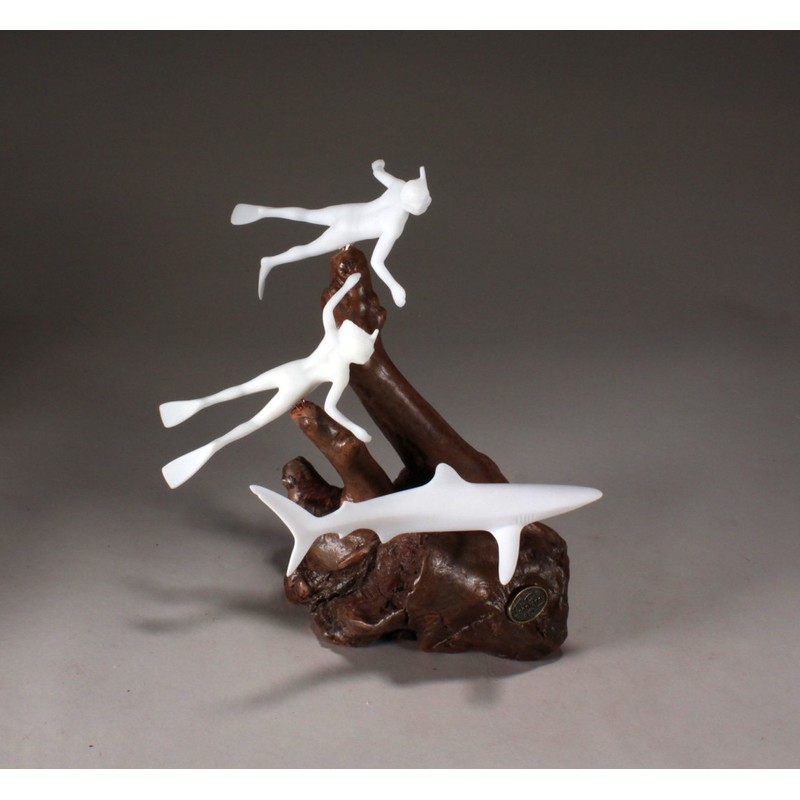 DIVERS/SNORKELERS with Blue Shark from John Perry 9in tall sculpture