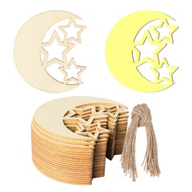 20Pcs Moon Star Shape Wooden Christmas with Twines Art Unfinished Ornaments for Christmas Wedding Birthday Party Christmas Thanksgiving Day Decoration