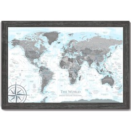 World Map in Black and White with ocean elevations in light blues - Use as a Wall Map or Push Pin Map - Framed Map - Designed by a Professional Geographer