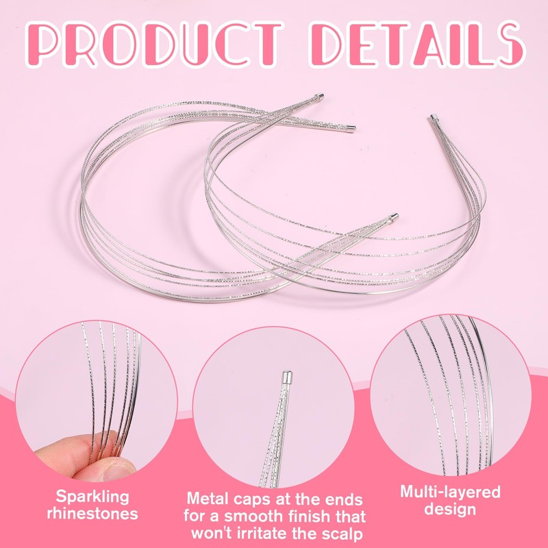 2Pcs Multi Layers Metal Headbands for Women Silver Elegant Thin