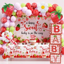 Lopeastar 16Ft Strawberry Baby Shower Decorations Balloons Boxes Kit, Berry Sweet Shortcake Baby Shower Balloon Arch Baby Boxes Backdrop Banner Tablecloth Cupcake Topper Mom to Be Sash Kit
