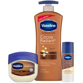 Vaseline Vaseline Intensive Care Cocoa Radiant Lotion, 20.3 oz Bundled with Moisturizing Healing Jelly Butter, 7.5 and Shimmer Stick, 1.4 oz, Moisturized Skin Light Butter Scent