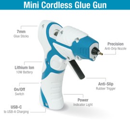 Mini Cordless Hot Glue Gun Precision Nozzle Anti-Drip with LED Guiding Light USB-C Rechargeable Blue/White